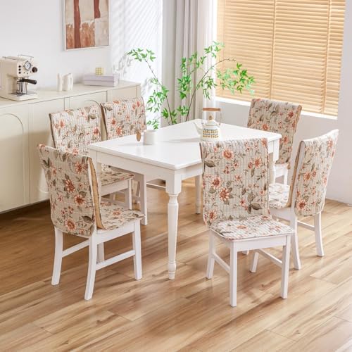 Image of HOMETHREADS Floral Quilted Cotton Chair Cover - Soft, Comfortable Dining Chair Seat Protector with Non-Slip Backing & Strong Elastic Strap for Snug Fit (White Green, Pack of 4)