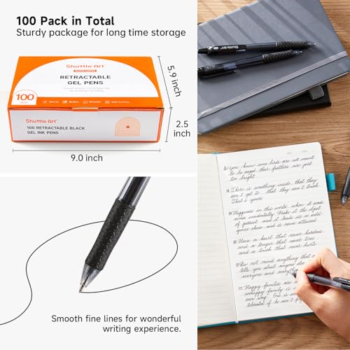 Image of Shuttle Art Black Gel Pens, 100 Pack Retractable Medium Point Rollerball Gel Ink Pens Smooth Writing with Comfortable Grip for Office School Home Work