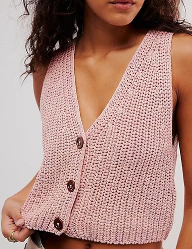 Image of Womens Cropped Sweaters Vest Button Down V Neck Knit Sleeveless Crop Sweater 2025 Summer Casual Tank Tops