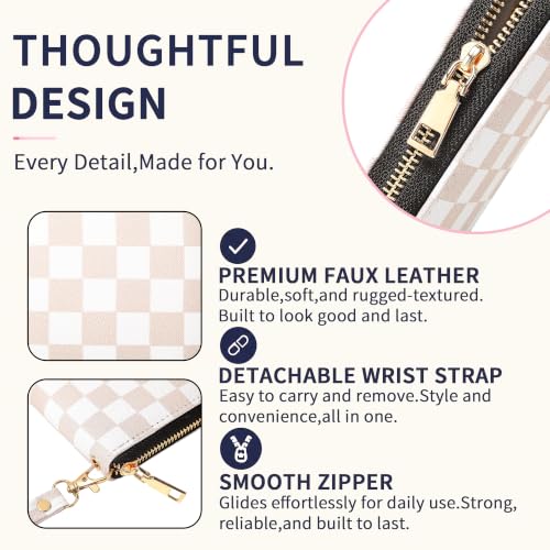 Image of Beige Checkered Wallet for Women, Zip Around Wristlet Wallet