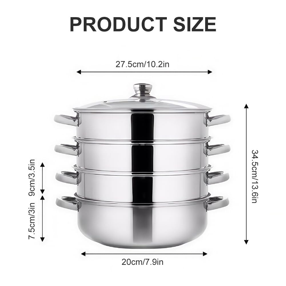 Cuiseur vapeur, 28 cm, avec insert vapeur, en acier inoxydable, passe à l'induction et au lave-vaisselle, lot de 3/4 étages avec couvercle en verre, pour légumes, pommes de terre, aliments pour bébés