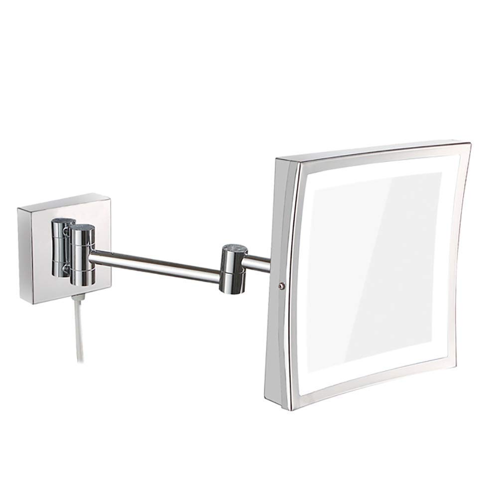 Espejo de maquillaje LED cuadrado y plegable de acero inoxidable para pared de baño