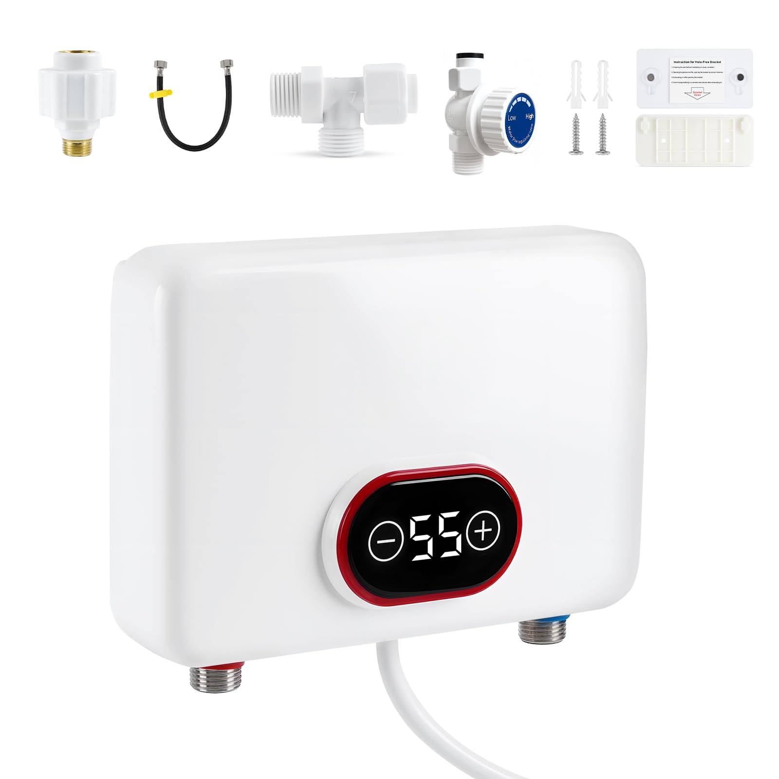 Mini Durchlauferhitzer 5500W 30-55°C mit Steuerventil,IPX4 Wasserschutz | LED Anzeige, Untertischboiler, Steckerfertig, Kalkarm, Garten Gäste WC, Händewaschen Geschirrspülen, Leise Energiesparend