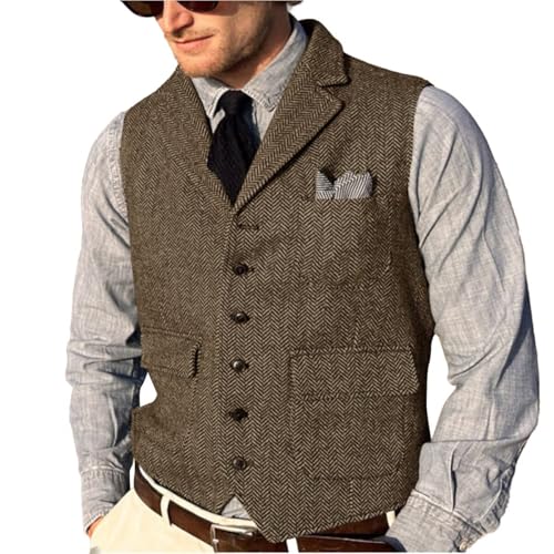 Herringbone Tweed Suit Vest for Men Wedding Party Dinner Waistcoat With Lapel