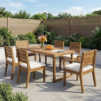 QVUUOU Outdoor Acacia Wood 7 Piece Dining Set with Cushions, Sandblasted Natural and Beige - Durable Patio Furniture for Family Meals