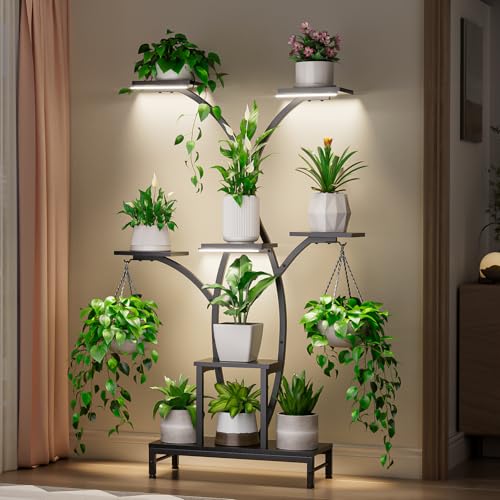 Image of Plant Stand Indoor with Grow Lights - 7 Tiered Metal Corner Shelf for Multiple Plants, 63.4 inch Corner Plant Stand for Indoor Plants, Tree-Shaped Plant Rack for Home, Living Room, Office & Patio Decor