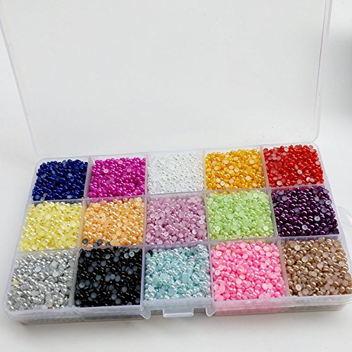 Chenkou Craft 18000pcs Assorted 15 Colors Half Flatback Imitation Pearl Bead 3mm Gem Scrapbook Craft DIY Beads + Plastic Box
