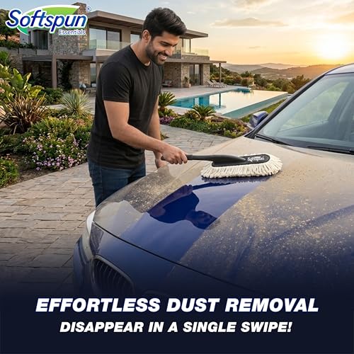 Image of SOFTSPUN Essentials Car Duster - Off White, Long-Handle Lint-Free & Scratch-Free Car Cleaner Brush with SiO2 Wax Infused Cotton Strands for Enhanced Dust Removal (Exterior Car Cleaning Tool)
