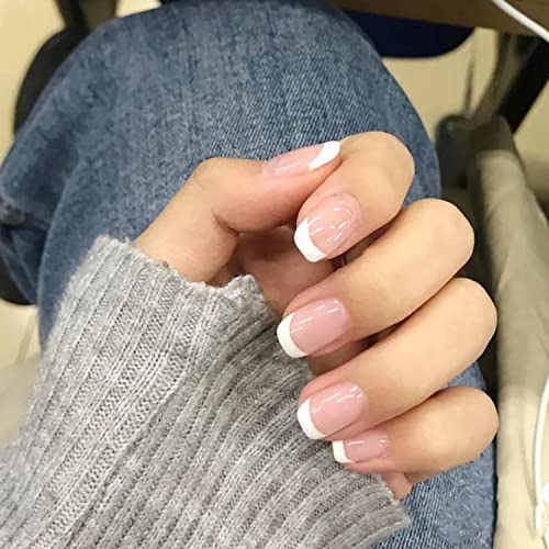 French Tips Press on Nails Short Fake Nails Oval Nail Tips Glossy White Fasle Nails with Design Glue on Nails Full Cover Daily Wear Acrylic Nails for Women Girls Nail Art Manicure Decoration 24PCS