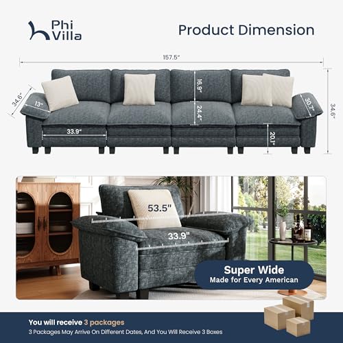 Image of PHI VILLA Cloud Modular Couches Sets, 157.5 inch Sectional Sofa with Upholstered Deep Seat, 4-Seater Long Couches for Living Room Apartment, Chenille Fabric, Dark Cyan