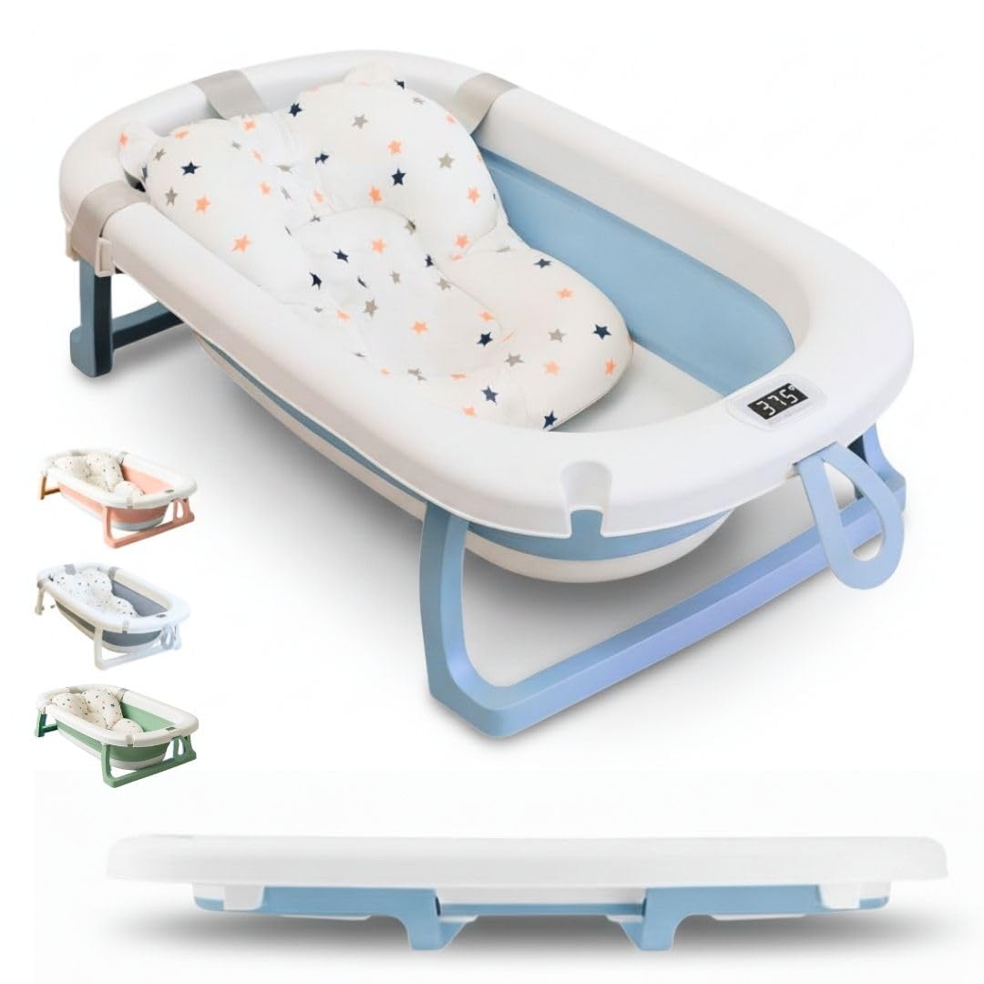 BAÑERA PLEGABLE BEBÉ 5 EN 1 Termómetro + Cojín Protector + Patas Antideslizantes + Tapón de Seguridad | Bebé Recién Nacido | Diseño Plegable en 2 | Fácil de Guardar y Transportar (Azul) — view 8