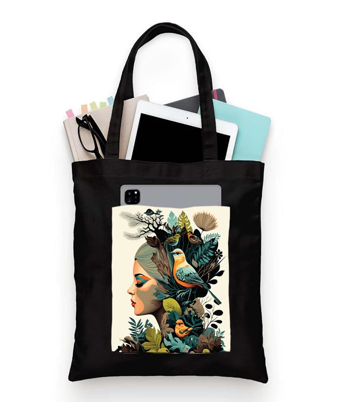 Image of Black Tote Bag With Pocket Printed Designed Canvas Tote Bags For Women large capacity,Tote bag For Shopping, College, Travel, More Canvas Handbag For Unisex Bag