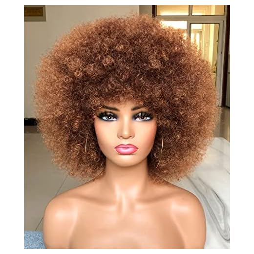 HIHOO Short Afro Wig with Bangs for Black Women Afro Kinky Curly Wig 70s Premium Synthetic Big Afro Wigs(Brown)