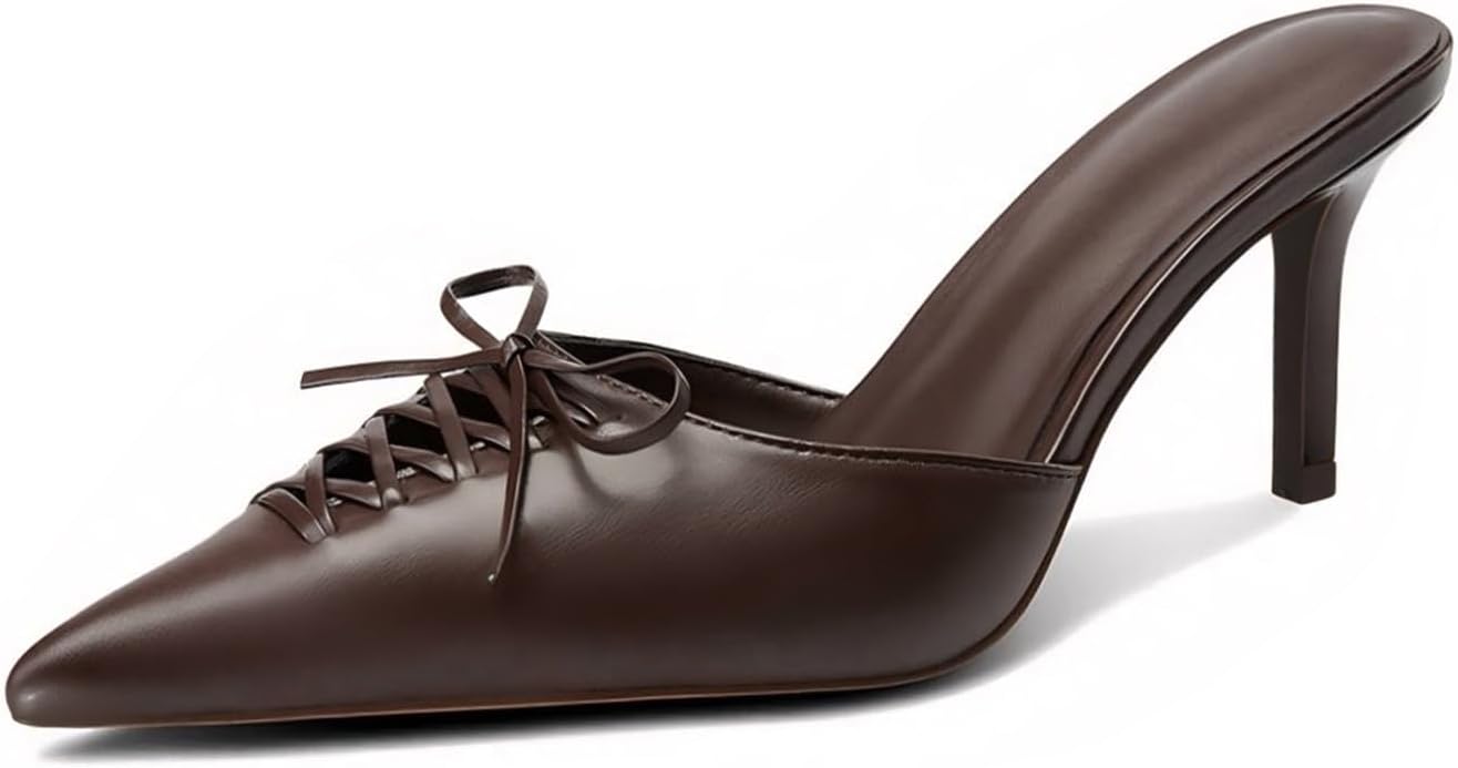 Dsevht Black Kitten Heels for Women Pointed Closed Toe Dressy Bow Heel Vintage Heeled Mules Sexy Pointy Studded Slip on Stiletto Pump Shoes