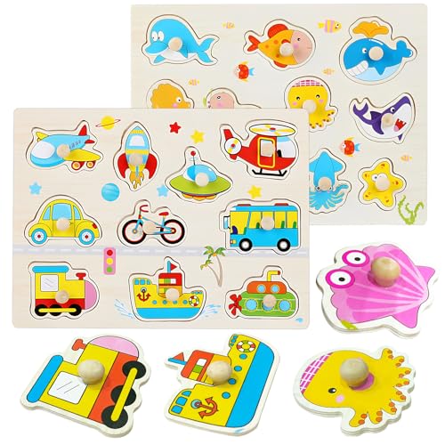 DAGORD Rompecabezas de Madera Bebé Puzzle de Madera Animales Marinos Transporte Juguetes de Aprendizaje Montessori Rompecabezas de Madera Juegos Educativos para Niños de 1 2 3 Años Regalos
