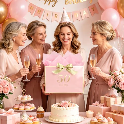 Image of JMANNI Birthday Gift Bag with Card and Tissue Paper for Men Women Him, Elegant Pink Gold Anniversary Keepsake Party Present Shopping Paper Bags for Gifts Wrapping Pink / 13 inch Large /EST.1976 50th