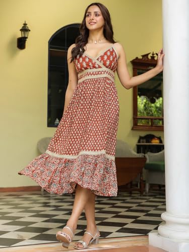 Image of SAVI Women's Cotton Printed Midi Dress | Sleeveless V-Neck A-Line Flared Kurti Style Long Dress | Casual Summer Ethnic Wear for Women