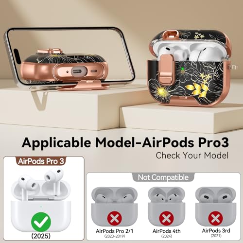 Image of for AirPods Pro 3 Case 2025 with Safety Lock-Black Gold Leaves | As Phone Stand, for Women Girly, with Keychain & Cleaner Kit,Two-Piece Design,Support Wireless Charging,Clear TPU+PC Material