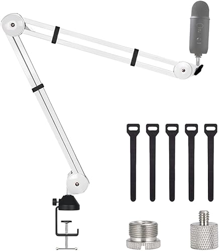 BOMGE Soporte de micrófono con brazo de brazo ajustable con clip de suspensión de estudio soporte de brazo de tijera para bola de nieve azul hielo