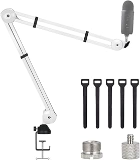 BOMGE Microphone Boom Arm Mic Stand Adjustable Clip Studio Suspension Scissor Arm Mount for Blue Snowball, ICE, Blue Yeti ,Radio Broadcasting and Game (white)