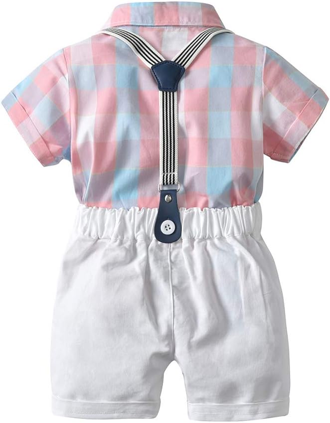 Baby Boys Gentleman Outfits Suits, Infant Short Sleeve Shirt+Bib Pants+Bow Tie Overalls Clothes Set - Image 2