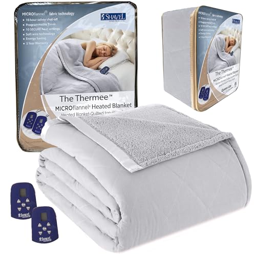 Shavel Home Products Micro Flannel Queen-Size Heated Electric Blanket with Sherpa, Machine Wash & Dry, Timer & Safety Shutoff, 90Lx84W, Greystone