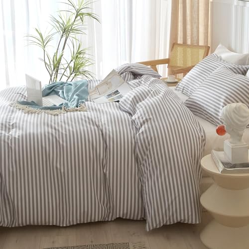 Image of King Size Comforter Set 3 Pieces Striped Comforter Set King Modern Style Boho Bedding Comforter White Grey Stripes Pattern Comforter Set Fluffy Lightweight Farmhouse Bed Comforter for All Season