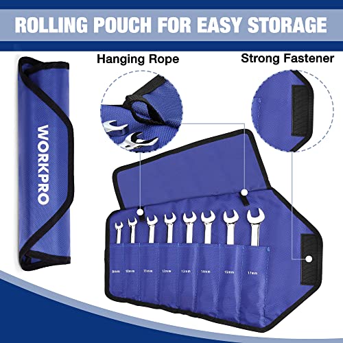 Workpro 8-Piece Flex-Head Ratcheting Combination Wrench Set, Metric 8-17Mm, 72-Teeth, Cr-V Constructed, Mirror Polished Chrome Plated With Roll Up Pouch #TOP5