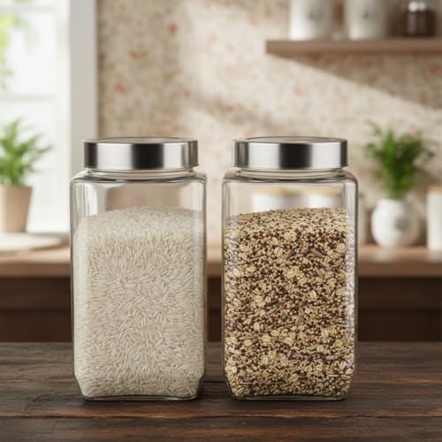 Image of Glassbunny Cube Fresh Glass Storage Jar with See Through Lid Transparent 2250ML Pack of 2 | Stackable, Easy Storage Jar | Air Tight Kitchen Glass Jar for Cookies Snacks