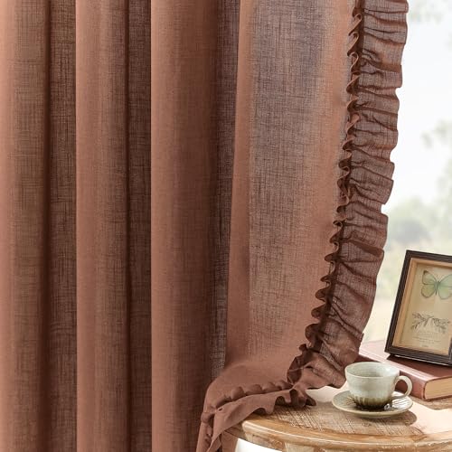Dark Terracotta Farmhouse Curtains 84 Inches Long 2 Panels W58 x L84 Inch Linen Textured Rust Colored Linen Curtains for Bedroom Rod Pocket Privacy Semi-Sheer Autumn Flowy Scalloped Ruffle Curtain