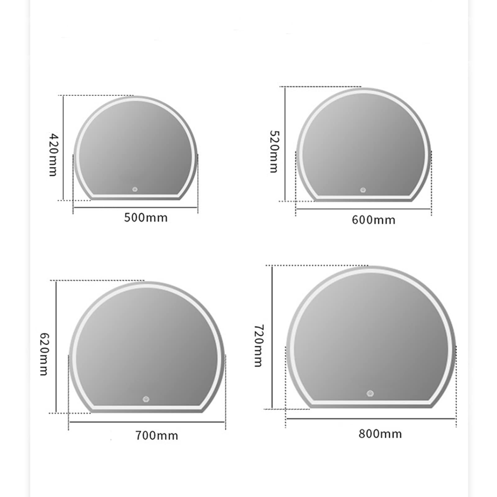 Specchio da parete semicircolare irregolare a LED, specchio da bagno senza cornice con 3000K/4000K/6000K regolabile, pulsante Smart Touch, specchio per trucco illuminato dimmerabile continuo
