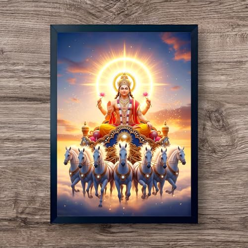 Image of ARTFUL TOY BOX - Surya Dev with Seven (7) Horses Photo Frame Wall Hanging | Divine Solar Chariot Design | Spiritual Surya Dev Painting | Premium Black Fiber Frame | Glossy Finish | Devotional Home Decor - 12x18 Inch (30x45 cm) (Design 1)