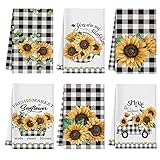 Redbaker 6 Pcs Sunflower Kitchen Towels Summer Buffalo Plaid Dishtowels for Kitchen Ultra Absorbent Black and White Hand Wash Cloth Sunflower Decor Decorative Set for Bathroom Housewarming Gift