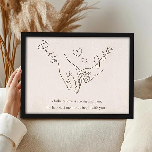 Image of Art Street Personalized Gift Framed Art for Father | Father and Child Line Art Custom Name and Quote Wall Decor, Gift for Dad, Customized Framed Artwork for Home and Office, A4 Size 8x12 Inch