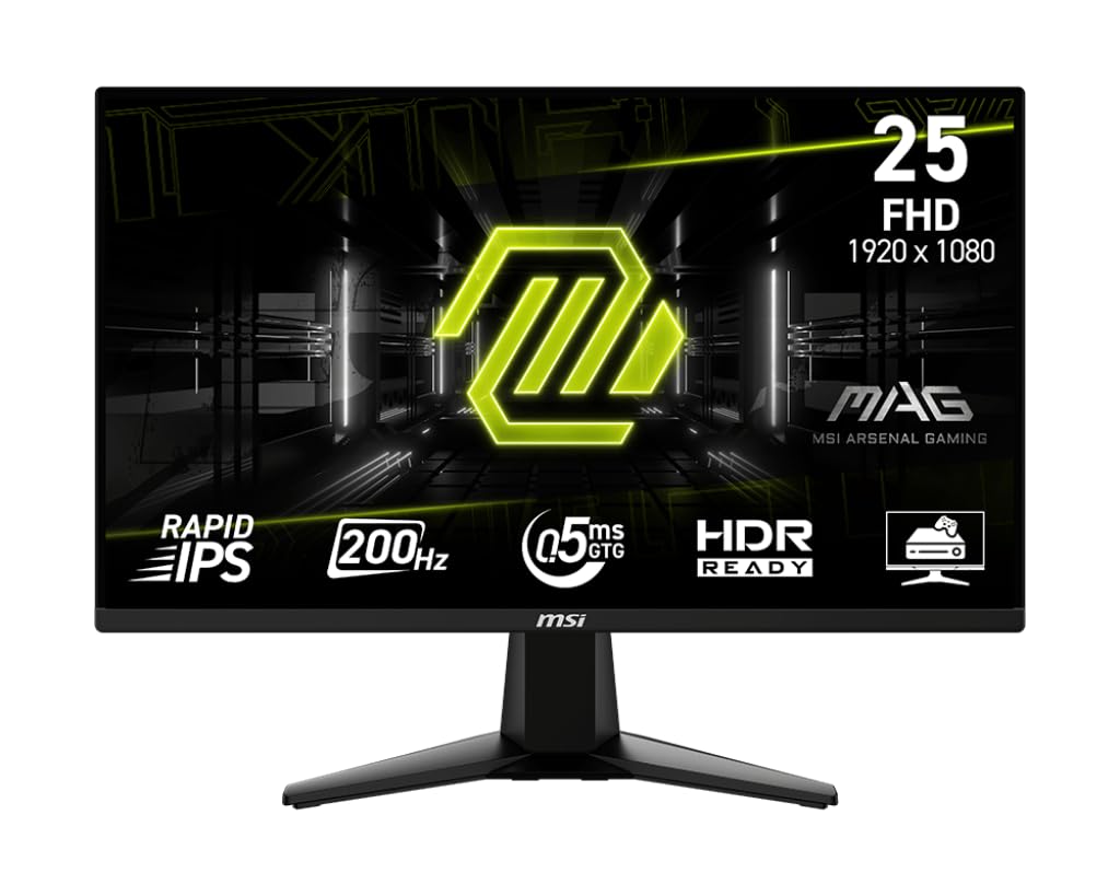 MSI MAG 255F E20 25-inch 1920 x 1080 (FHD) Gaming Monitor, 200Hz, Adaptive-Synch, HDMI, DisplayPort, VESA Mountable, Tilt, Height Adjustable, Speaker, 0.5ms, Black