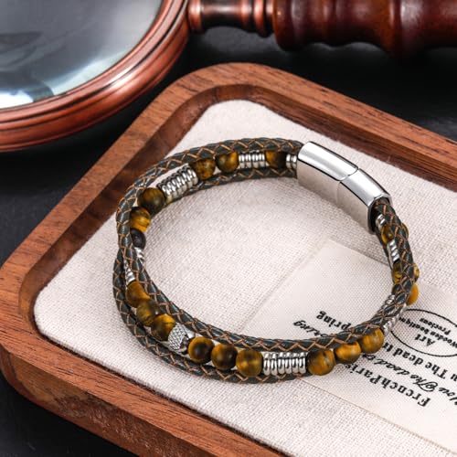 Pulsera trenzada marrón de cuero con ojo de tigre para hombre y mujer miniatura 2