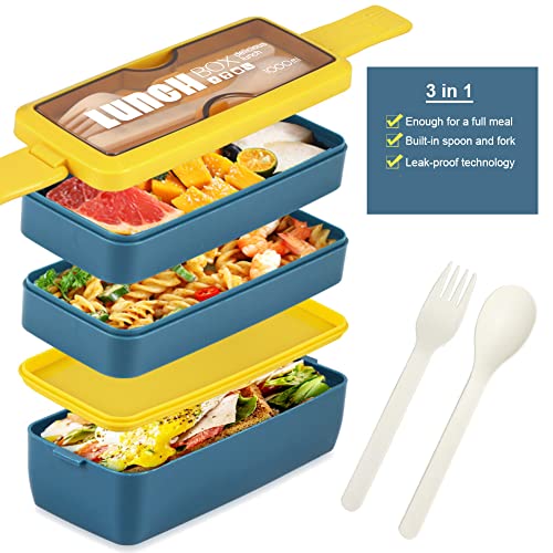 Bento Box Lunch Box, Iteryn 3-In-1 Compartment Containers - Wheat Straw, Leakproof Eco-Friendly Stackable Bento Lunch Box Meal Prep #TOP1