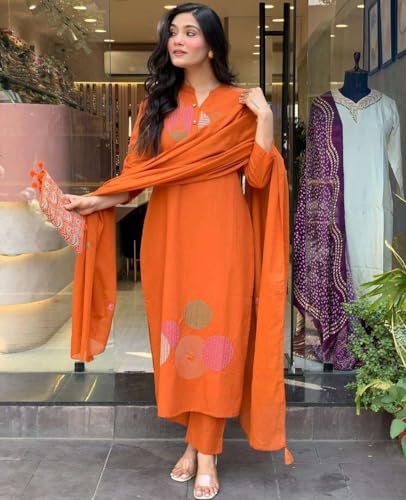 Image of Mehraj Online Store Women's Cotton Embroidery Straight Kurti Pant With Dupatta Set