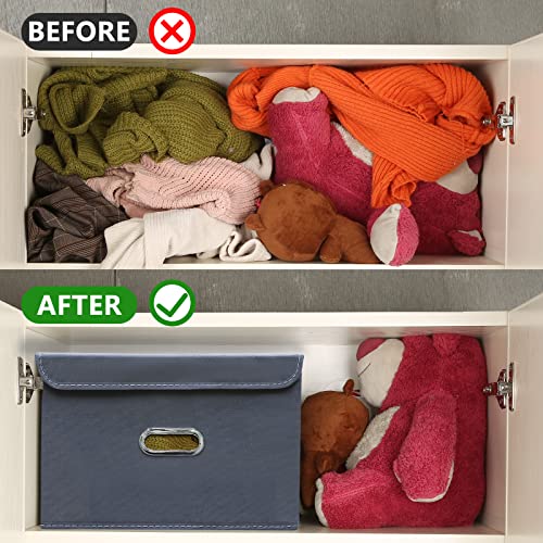 Sevendome Linen Fabric Foldable Collapsible Storage Cube Bin Organizer Basket With Lid, Leather Handles, Removable Divider For Home, Closet (Grey, 3Pcs) #TOP1