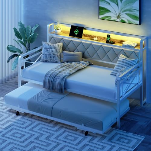VINGLI Twin Daybed with Trundle Bed, Sofa DayBed with LED Light & Charing Station, Upholstered Bed Frame with Storage Headboard and Heavy Duty Metal Slats, for Living Room, Bedroom, Guest Room, White