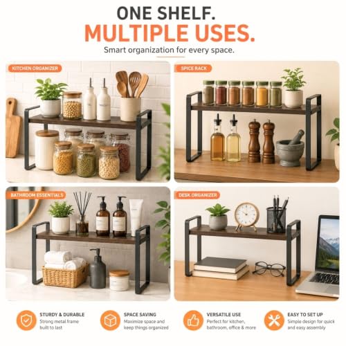 Image of Decorlay Metal & Engineered Kitchen Storage Rack, Wood Shelf, Countertop Organizer for Jars & Spices 40x23x19.5cm (Oak Frame Rack (Brown)