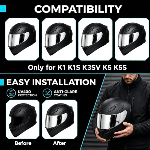 Image of PSLER K1 Visor - Shatterproof Motorcycle Helmet Tinted Face Shield, Impact-Resistant & UV400 Protection Visor for AGV K1 K1S K3SV K5 K5S, Silver(Daytime Use Only)