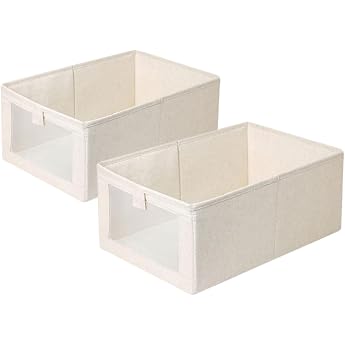 Foldable Storage Boxes Pack of 2 Fabric Beige Wardrobe Organiser Storage Baskets for Books Toys Clothes Storage Organisation