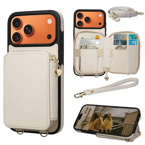 Keallce Case for iPhone 17 Pro Max 6.9'' Case Wallet, Crossbody Zipper Purse with RFID Blocking Card Slots Kickstand, Lanyard & Handstrap Flip Folio Leather Phone Cover for iPhone 17 Pro Max, Beige