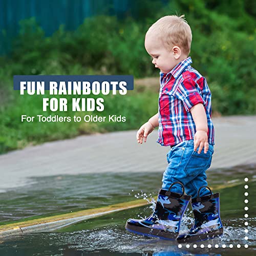 Norty Rubber Rain Boots For Kids - Waterproof Rubber Boots Boys And Girls Solid & Printed Rainboots For Toddlers And Kids - Camouflage Blue & Black #TOP5
