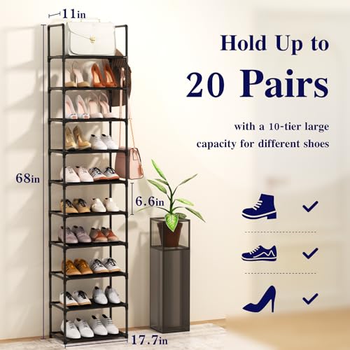 Shoe Rack, 10 Tier Tall Shoe Storage Organizer for Closet Entryway, 20-24 Pairs Narrow Metal Shoe Stand Shelf Holder Space Saving(Black) - Image 4