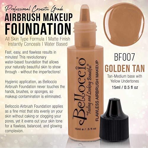 Belloccio's Professional Cosmetic Airbrush Makeup Foundation 1/2Oz Bottle: Golden Tan- Medium Yellow Undertones #TOP1
