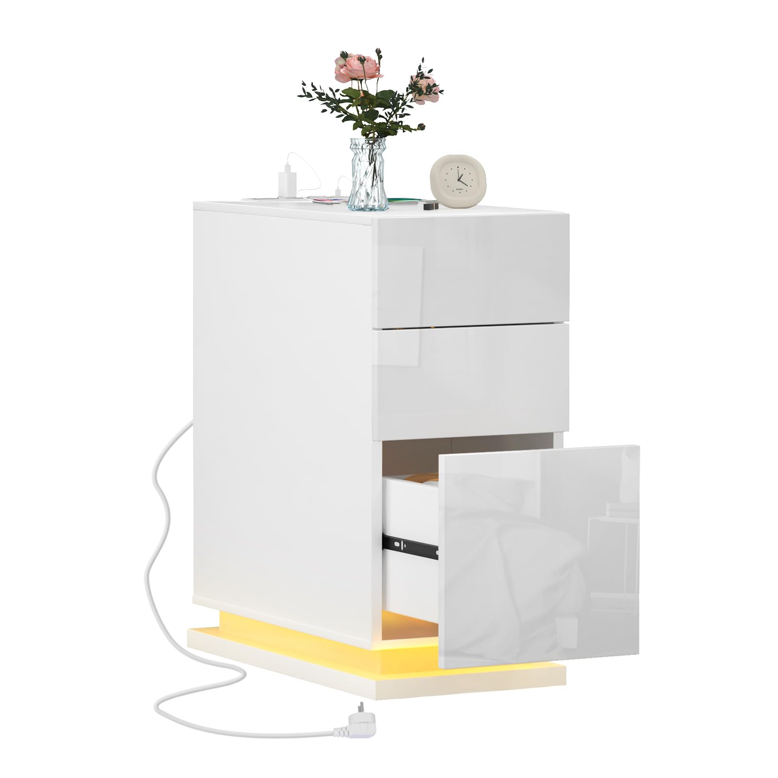 Nachttisch Schmal 2er Set, Nachttisch Weiß Hochglanz mit LED, Einstellbare 16 Farben, 2 AC Steckdosen, 2 USB Anschlüsse, Beistelltisch Nachtschrank für Schlafzimmer Wohnzimmer