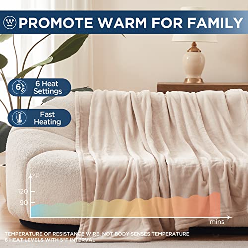 Westinghouse Electric Blanket Heated Throw, Super Cozy Soft Flannel 50"" x 60"" Heated Throw with 6 Fast Heating Levels & 2-10 Auto-Off, Machine Washable, ETL&FCC Certification, Home Office Use, Beige