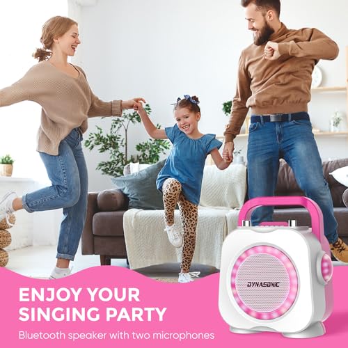Altavoz karaoke con microfono DYNASONIC rosa recargable y ligero para niñas 4